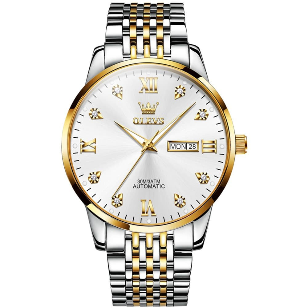 OLEVS 6673 Diamond Mechanical Stainless Steel Watch for Men - Two Tone White Watch | Olevs Watch Store