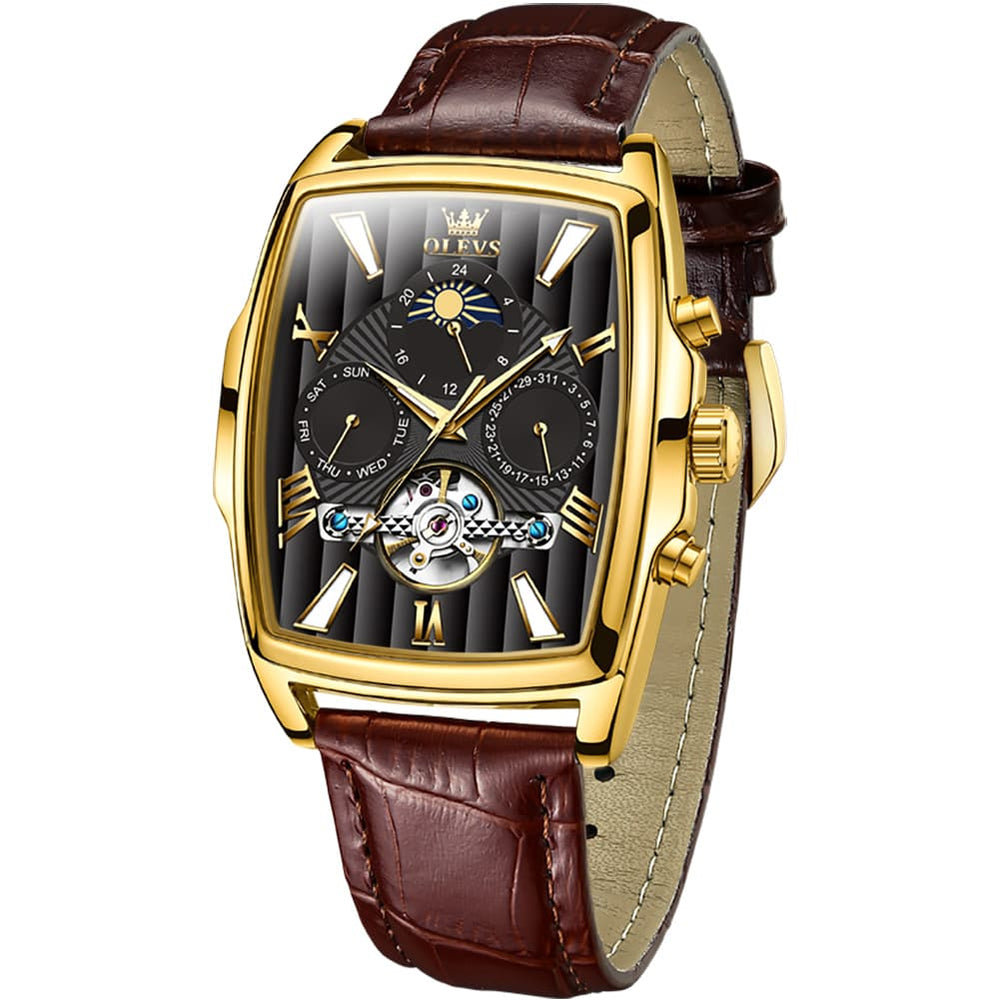 OLEVS 6675 Square Mechanical Moon Phase Watch for Men - Gold Black Watch | Olevs Watch Store