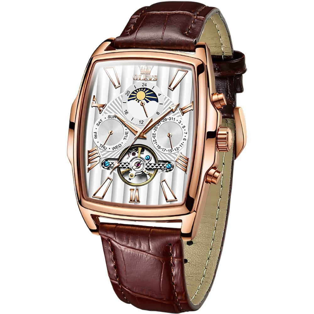 OLEVS 6675 Square Mechanical Moon Phase Watch for Men - Rose White Watch | Olevs Watch Store