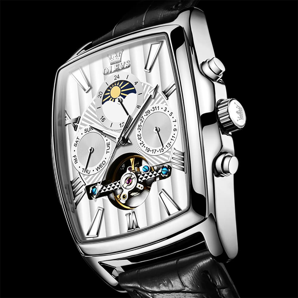 OLEVS 6675 Square Mechanical Moon Phase Watch for Men - Silver White Watch | Olevs Watch Store
