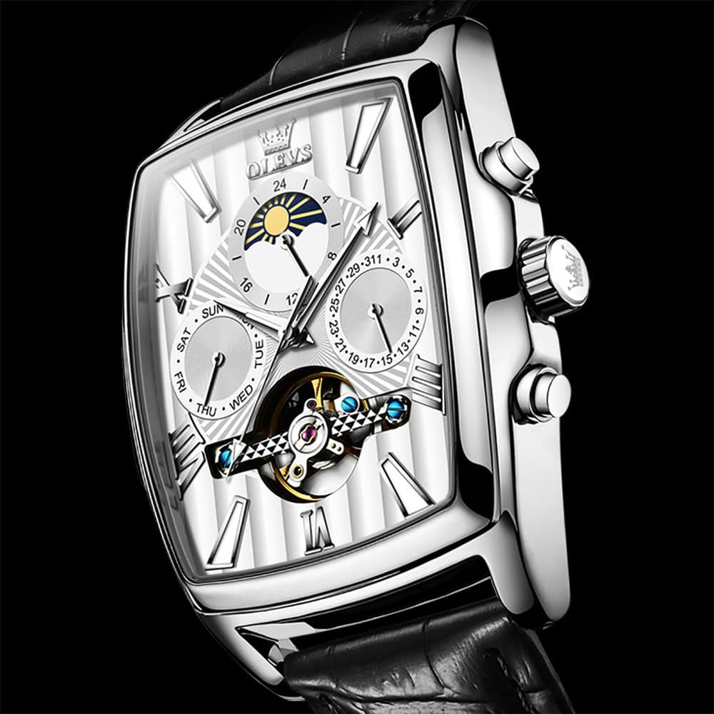 OLEVS 6675 Square Mechanical Moon Phase Watch for Men - Silver White Watch | Olevs Watch Store