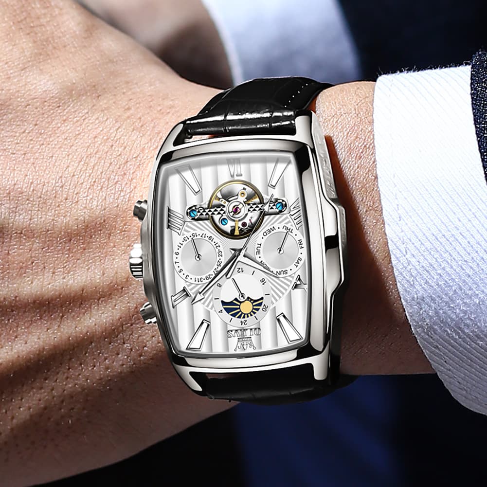 OLEVS 6675 Square Mechanical Moon Phase Watch for Men - Silver White Watch | Olevs Watch Store