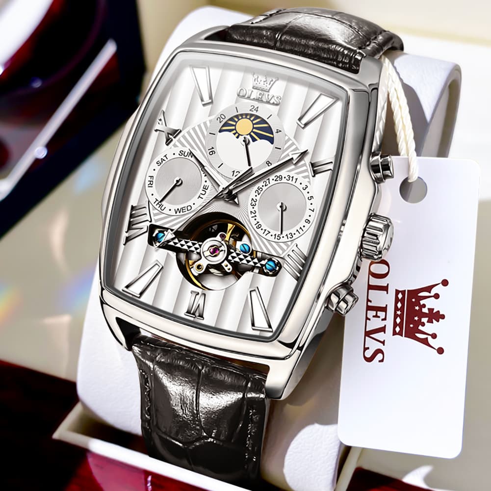 OLEVS 6675 Square Mechanical Moon Phase Watch for Men - Silver White Watch | Olevs Watch Store