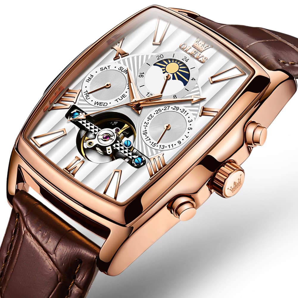 OLEVS 6675 Square Mechanical Moon Phase Watch for Men - Silver White Watch | Olevs Watch Store