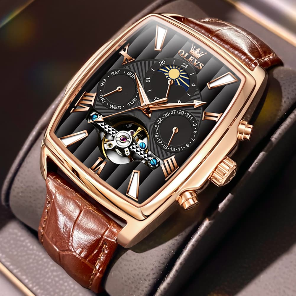OLEVS 6675 Square Mechanical Moon Phase Watch for Men - Silver White Watch | Olevs Watch Store