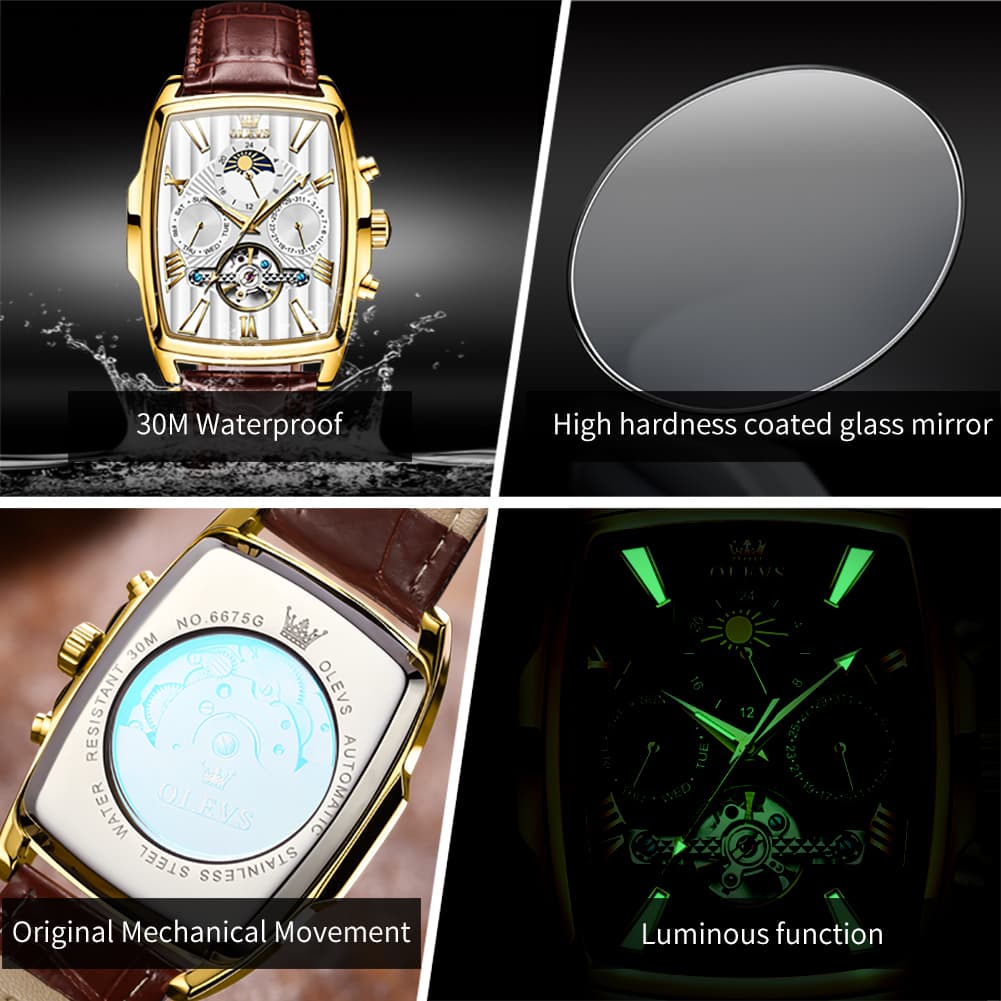 OLEVS 6675 Square Mechanical Moon Phase Watch for Men - Silver White Watch | Olevs Watch Store