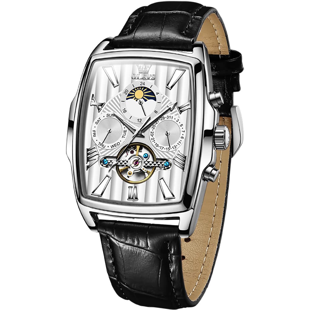 OLEVS 6675 Square Mechanical Moon Phase Watch for Men - Silver White Watch | Olevs Watch Store