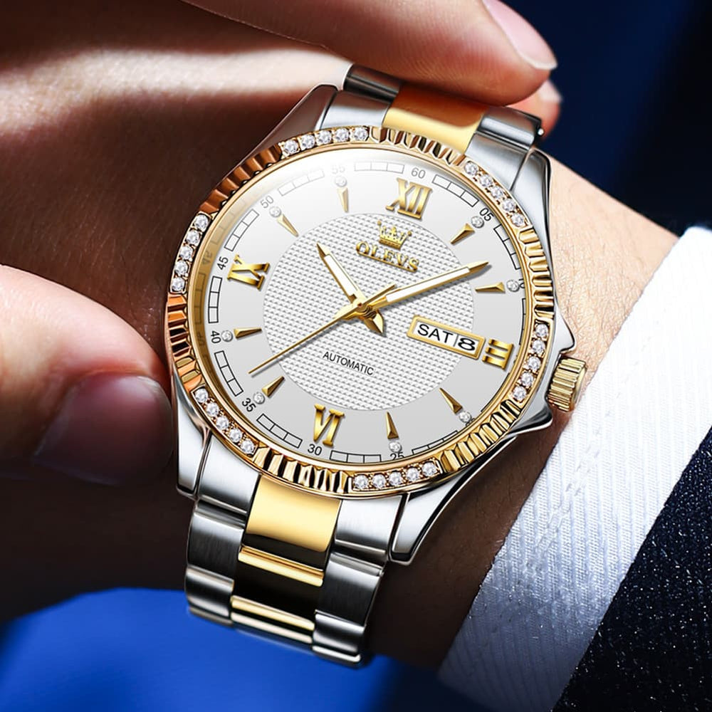 OLEVS 6676 Diamond Bezel Automatic Steel Watch for Men - Two Tone Watch | Olevs Watch Store