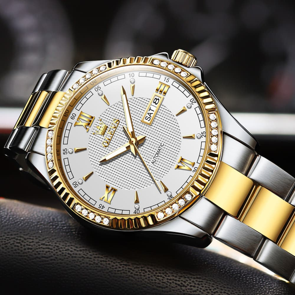 OLEVS 6676 Diamond Bezel Automatic Steel Watch for Men - Two Tone Watch | Olevs Watch Store
