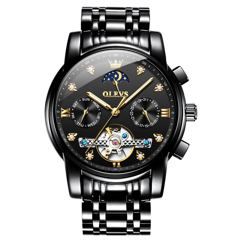 OLEVS 6678 Mechanical Moon Phase Automatic Watch for Men - All Black Watch | Olevs Watch Store
