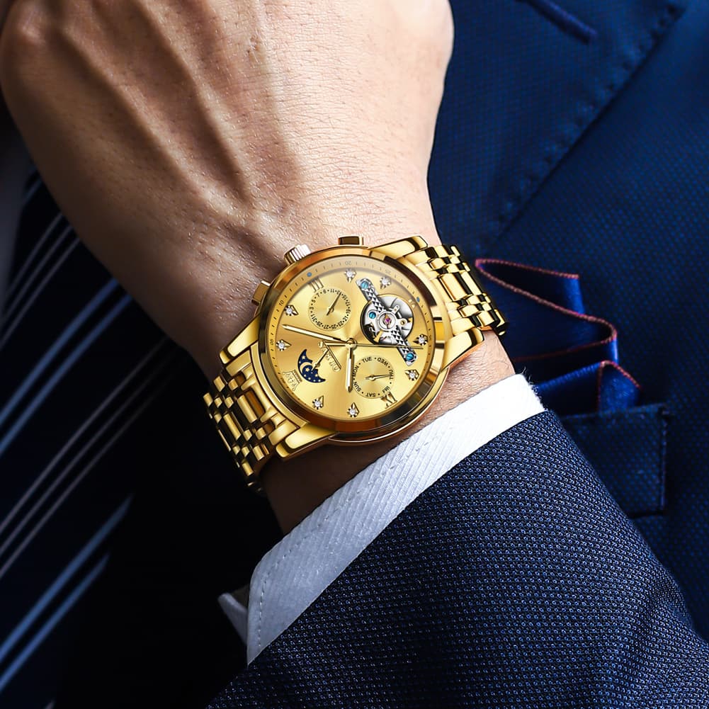 OLEVS 6678 Mechanical Moon Phase Automatic Watch for Men - All Gold Watch | Olevs Watch Store