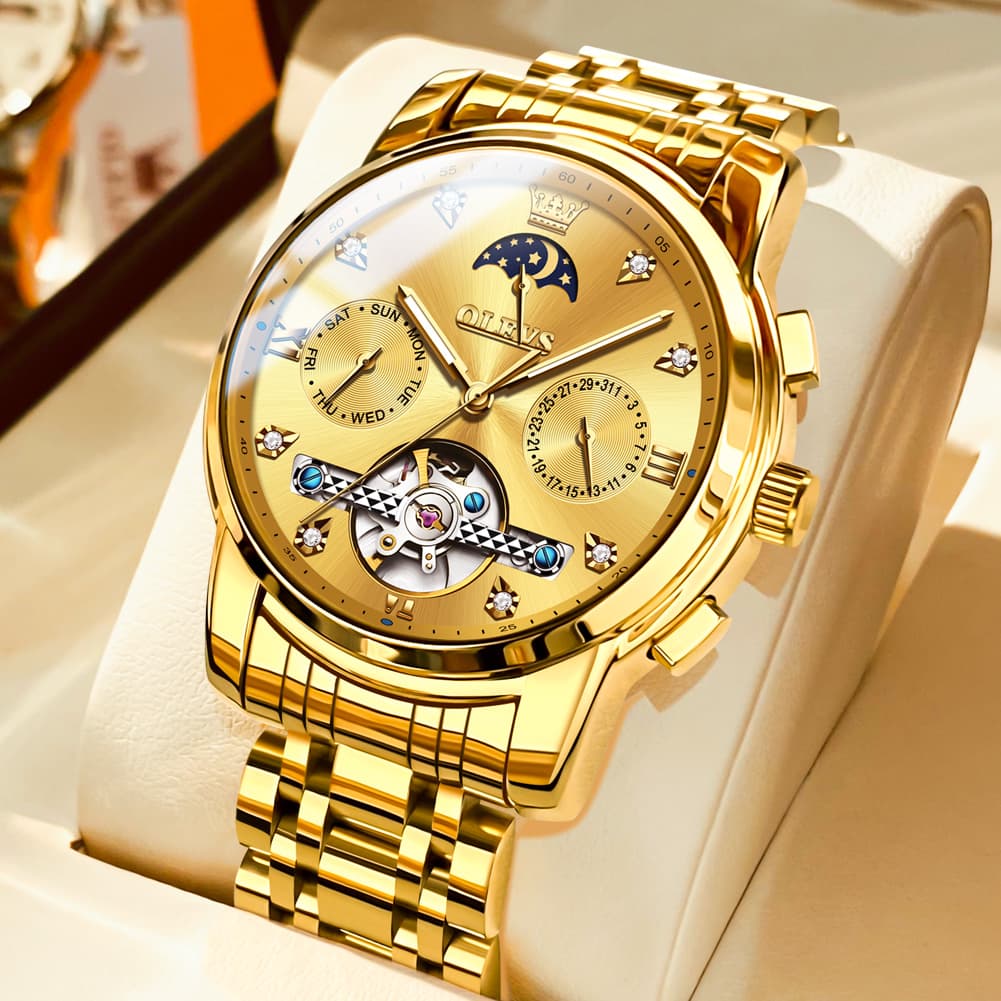 OLEVS 6678 Mechanical Moon Phase Automatic Watch for Men - All Gold Watch | Olevs Watch Store