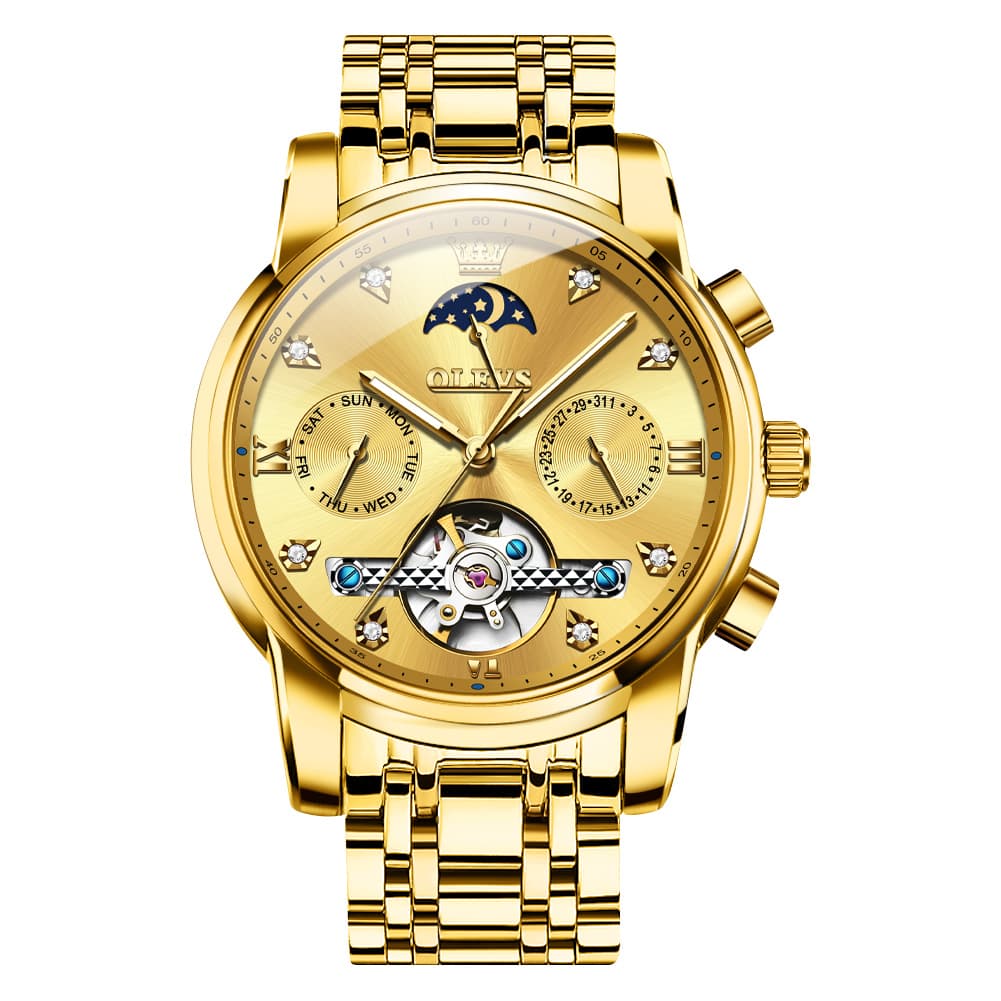 OLEVS 6678 Mechanical Moon Phase Automatic Watch for Men - All Gold Watch | Olevs Watch Store