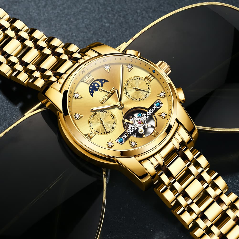 OLEVS 6678 Mechanical Moon Phase Automatic Watch for Men - All Gold Watch | Olevs Watch Store