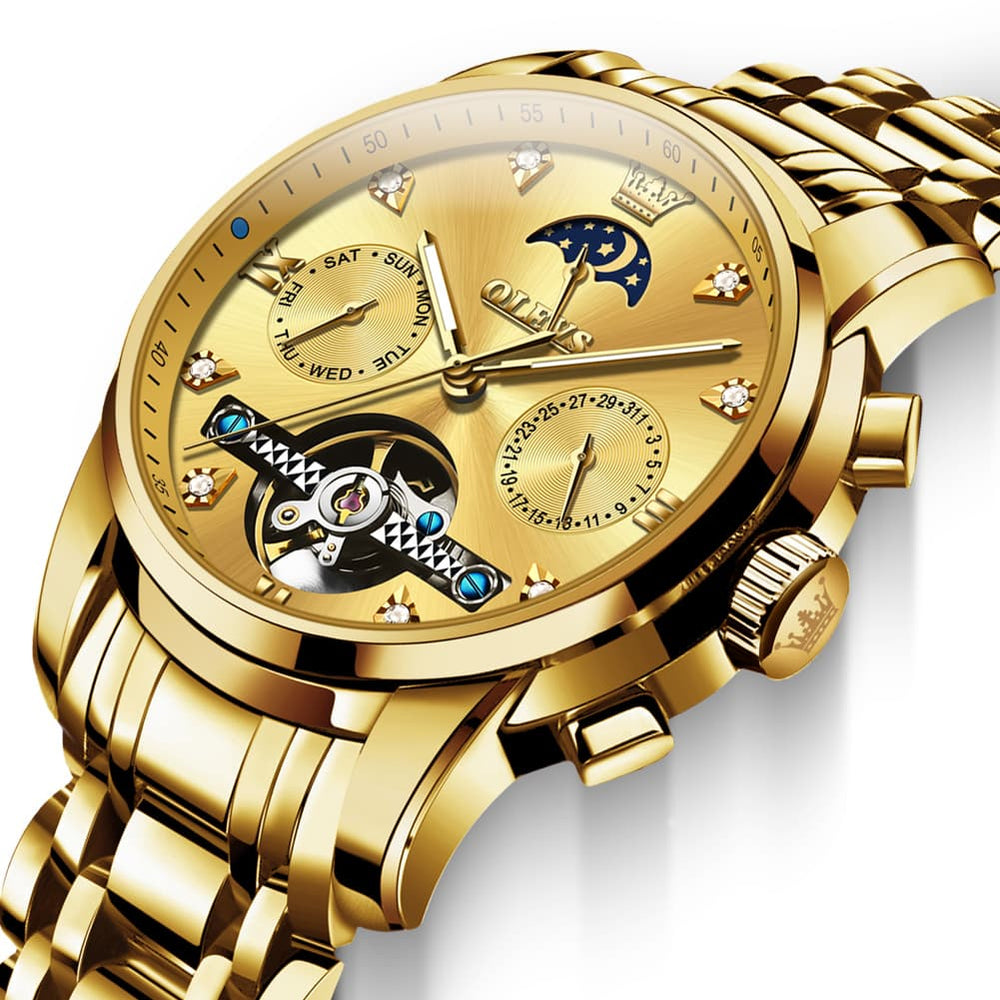 OLEVS 6678 Mechanical Moon Phase Automatic Watch for Men - All Gold Watch | Olevs Watch Store