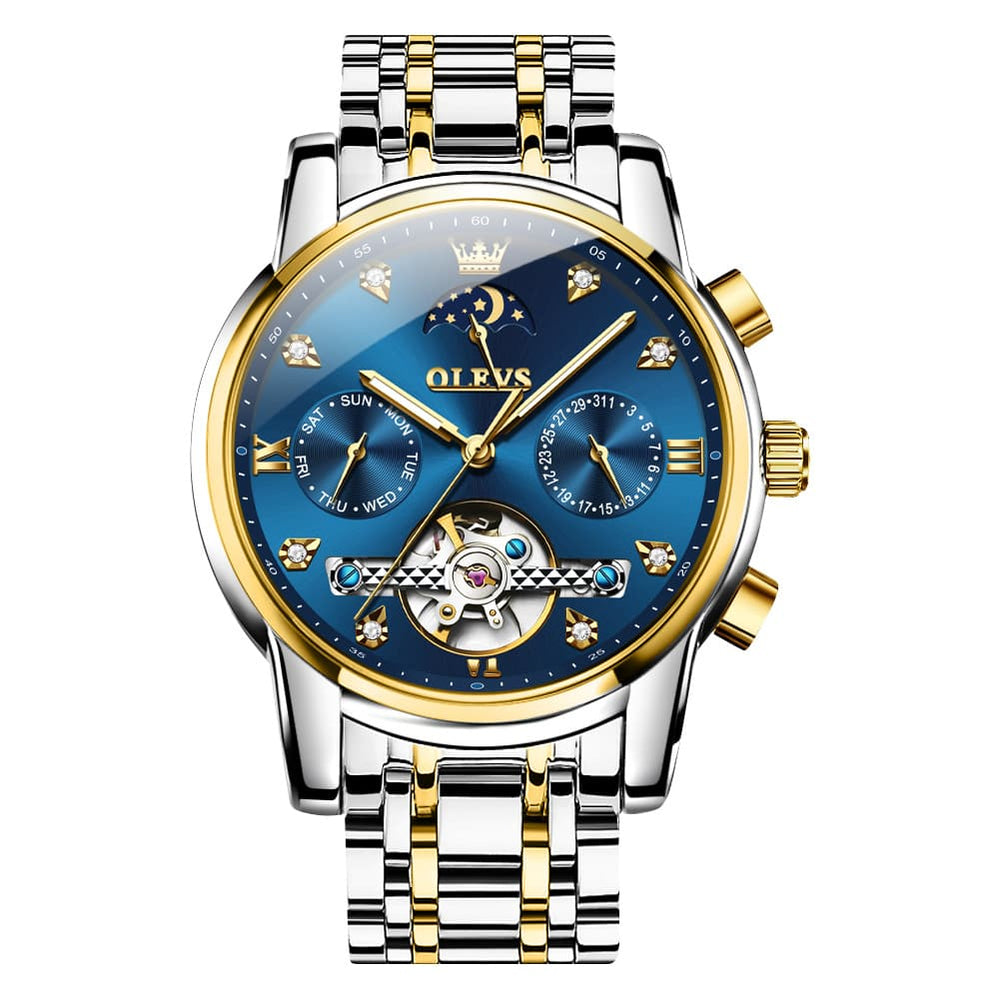 OLEVS 6678 Mechanical Moon Phase Automatic Watch for Men - Gold Blue Watch | Olevs Watch Store