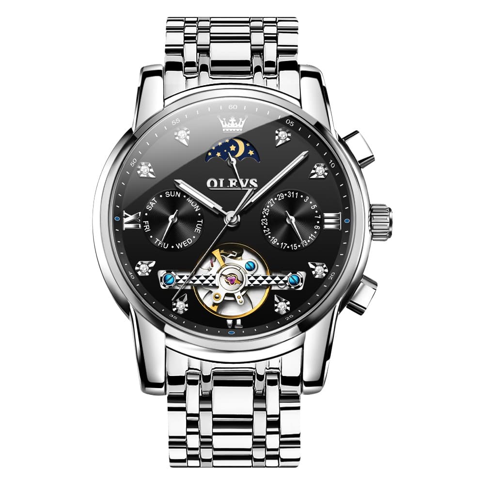 OLEVS 6678 Mechanical Moon Phase Automatic Watch for Men - Silver Black Watch | Olevs Watch Store