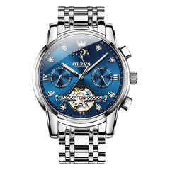 OLEVS 6678 Mechanical Moon Phase Automatic Watch for Men - Silver Blue Watch | Olevs Watch Store