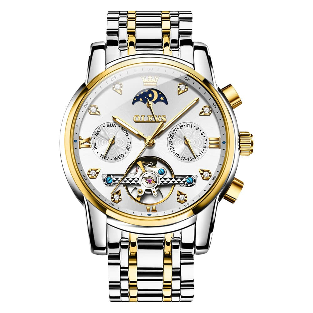 OLEVS 6678 Mechanical Moon Phase Automatic Watch for Men - Silver Gold Watch | Olevs Watch Store