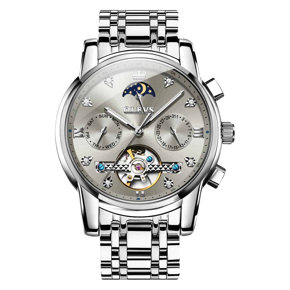 OLEVS 6678 Mechanical Moon Phase Automatic Watch for Men - Silver Grey Watch | Olevs Watch Store