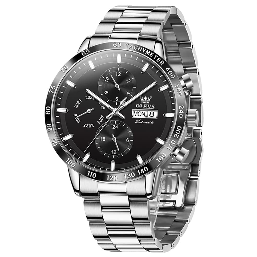 OLEVS 6683 Multifunction Automatic Steel Watch for Men - Silver Black Watch | Olevs Watch Store