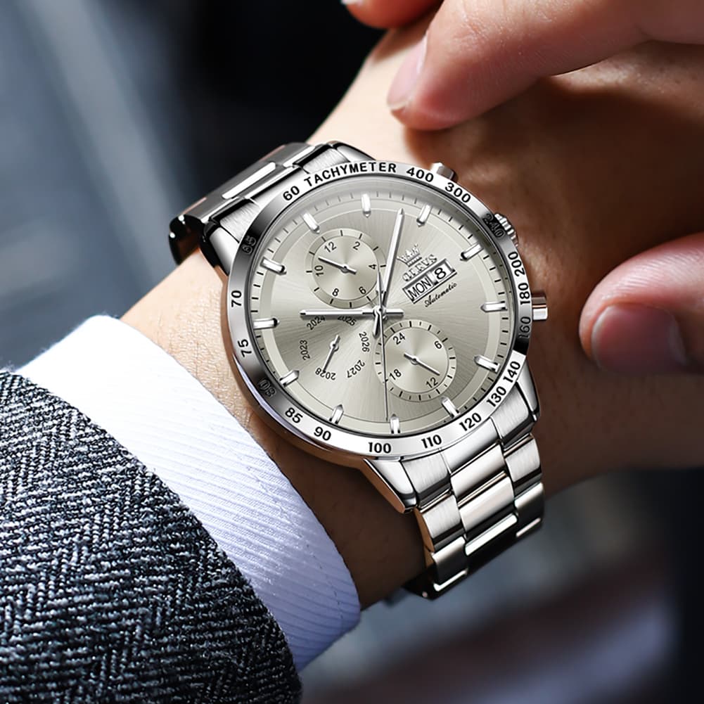 OLEVS 6683 Multifunction Automatic Steel Watch for Men - Silver Grey Watch | Olevs Watch Store