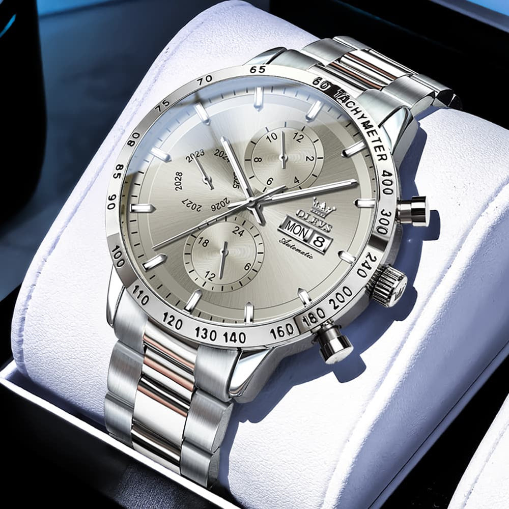 OLEVS 6683 Multifunction Automatic Steel Watch for Men - Silver Grey Watch | Olevs Watch Store