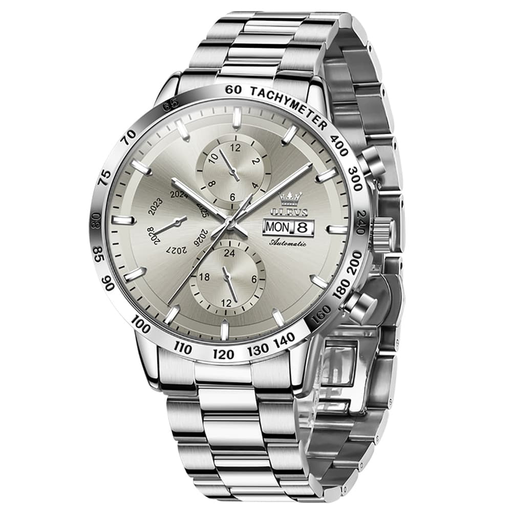 OLEVS 6683 Multifunction Automatic Steel Watch for Men - Silver Grey Watch | Olevs Watch Store