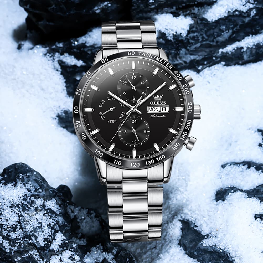 OLEVS 6683 Multifunction Automatic Steel Watch for Men - Silver Grey Watch | Olevs Watch Store