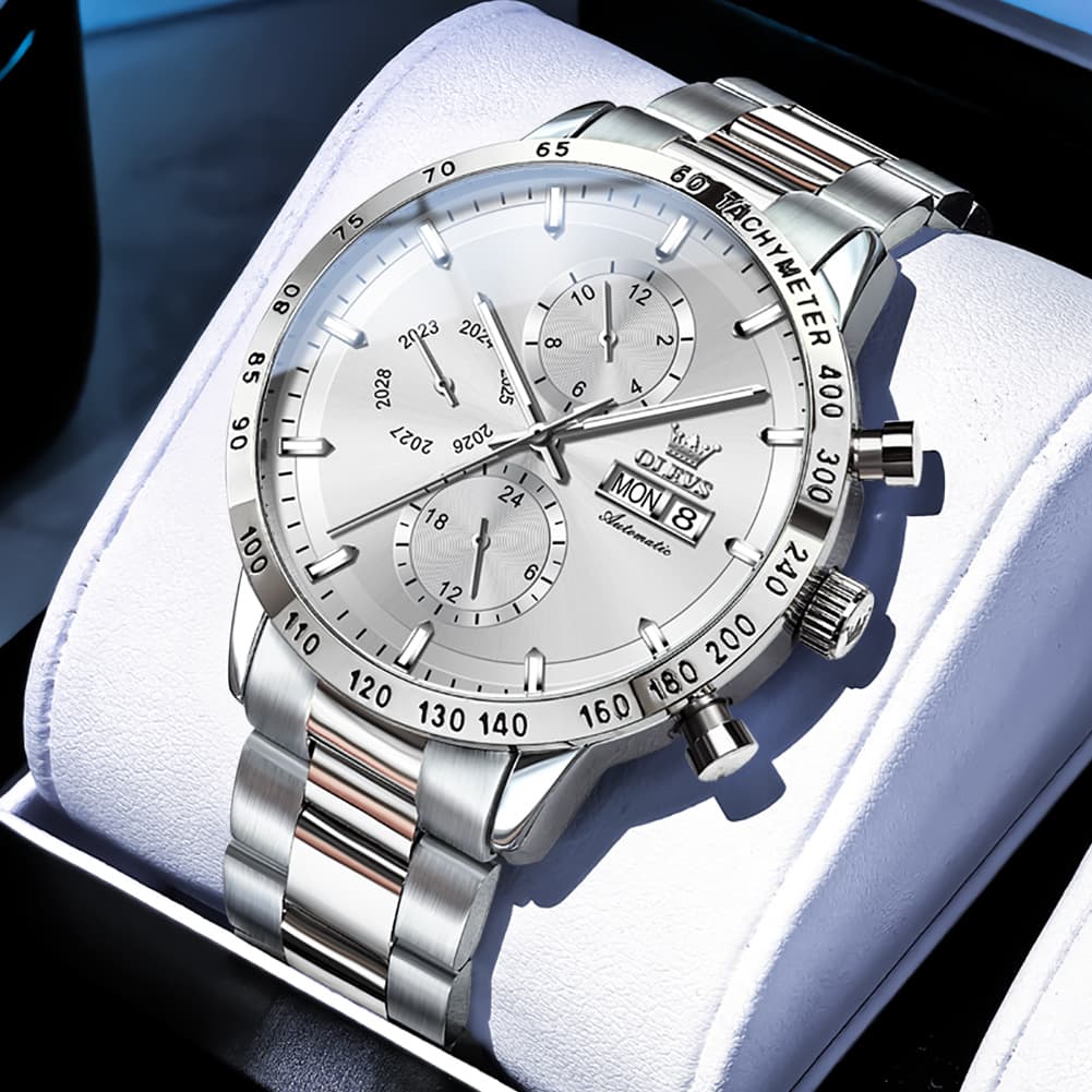 OLEVS 6683 Multifunction Automatic Steel Watch for Men - Silver Grey Watch | Olevs Watch Store