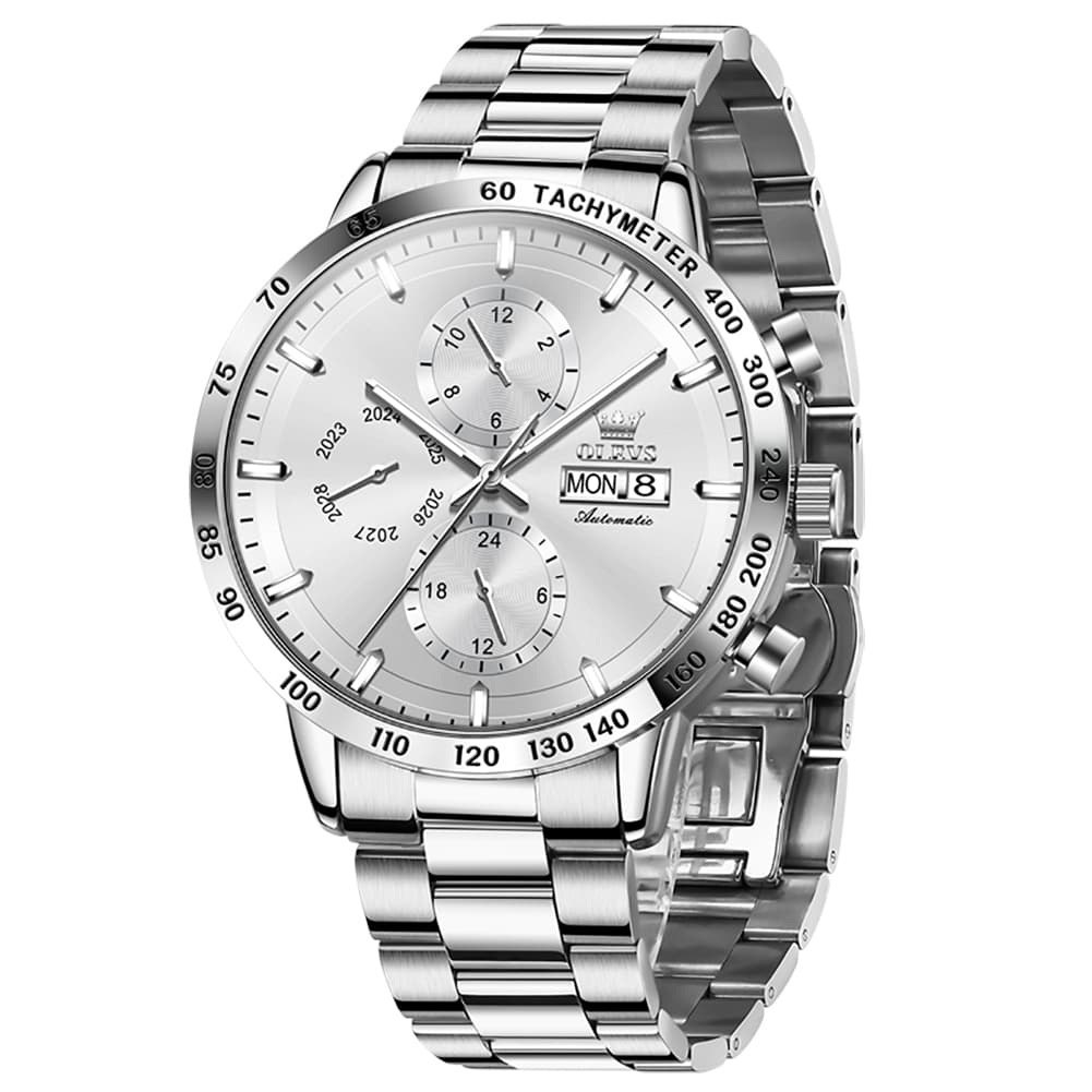 OLEVS 6683 Multifunction Automatic Steel Watch for Men - Silver White Watch | Olevs Watch Store