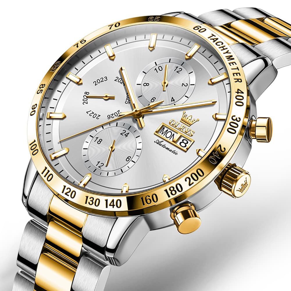 OLEVS 6683 Multifunction Automatic Steel Watch for Men - Two Tone Gold Watch | Olevs Watch Store