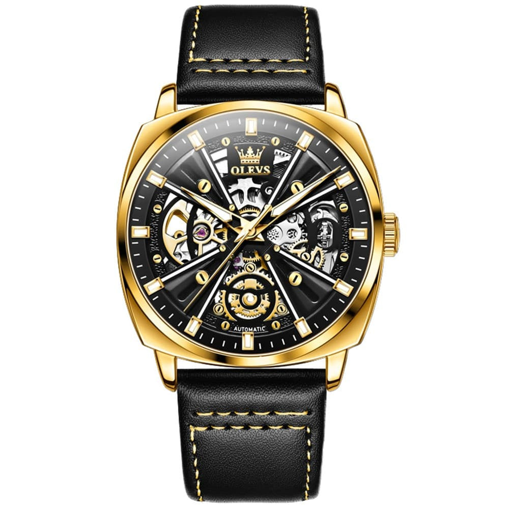 OLEVS 6685 Mechanical Skeleton Leather Watch for Men - All Gold Watch | Olevs Watch Store