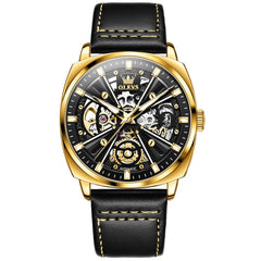 OLEVS 6685 Mechanical Skeleton Leather Watch for Men - All Gold Watch | Olevs Watch Store