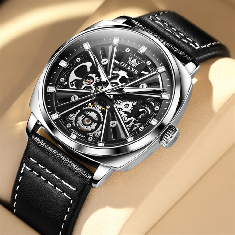 OLEVS 6685 Mechanical Skeleton Leather Watch for Men - Pitch Dark Watch | Olevs Watch Store