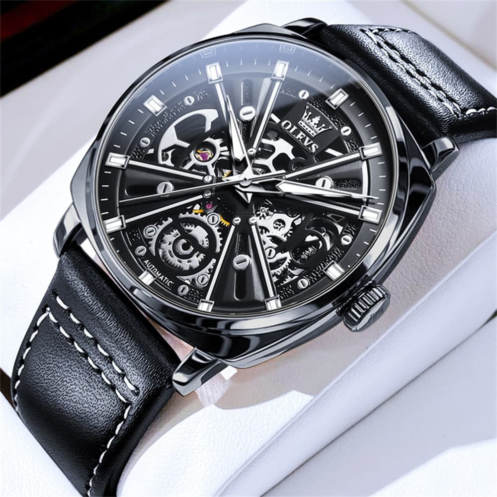 OLEVS 6685 Mechanical Skeleton Leather Watch for Men - Pitch Dark Watch | Olevs Watch Store