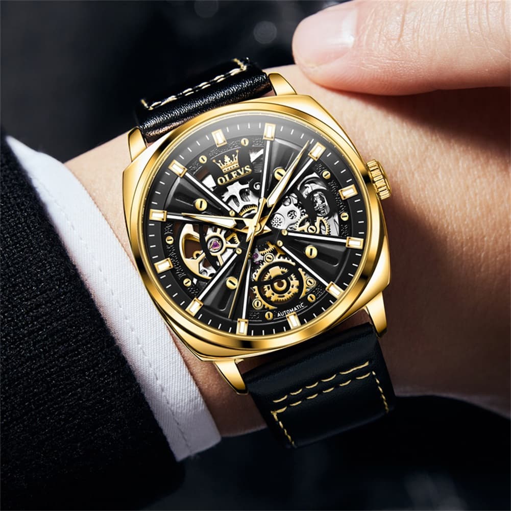 OLEVS 6685 Mechanical Skeleton Leather Watch for Men - Pitch Dark Watch | Olevs Watch Store