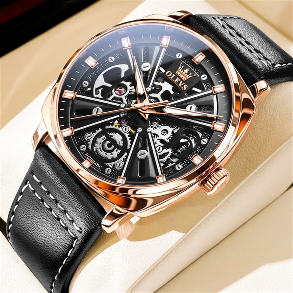 OLEVS 6685 Mechanical Skeleton Leather Watch for Men - Pitch Dark Watch | Olevs Watch Store