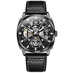OLEVS 6685 Mechanical Skeleton Leather Watch for Men - Pitch Dark Watch | Olevs Watch Store