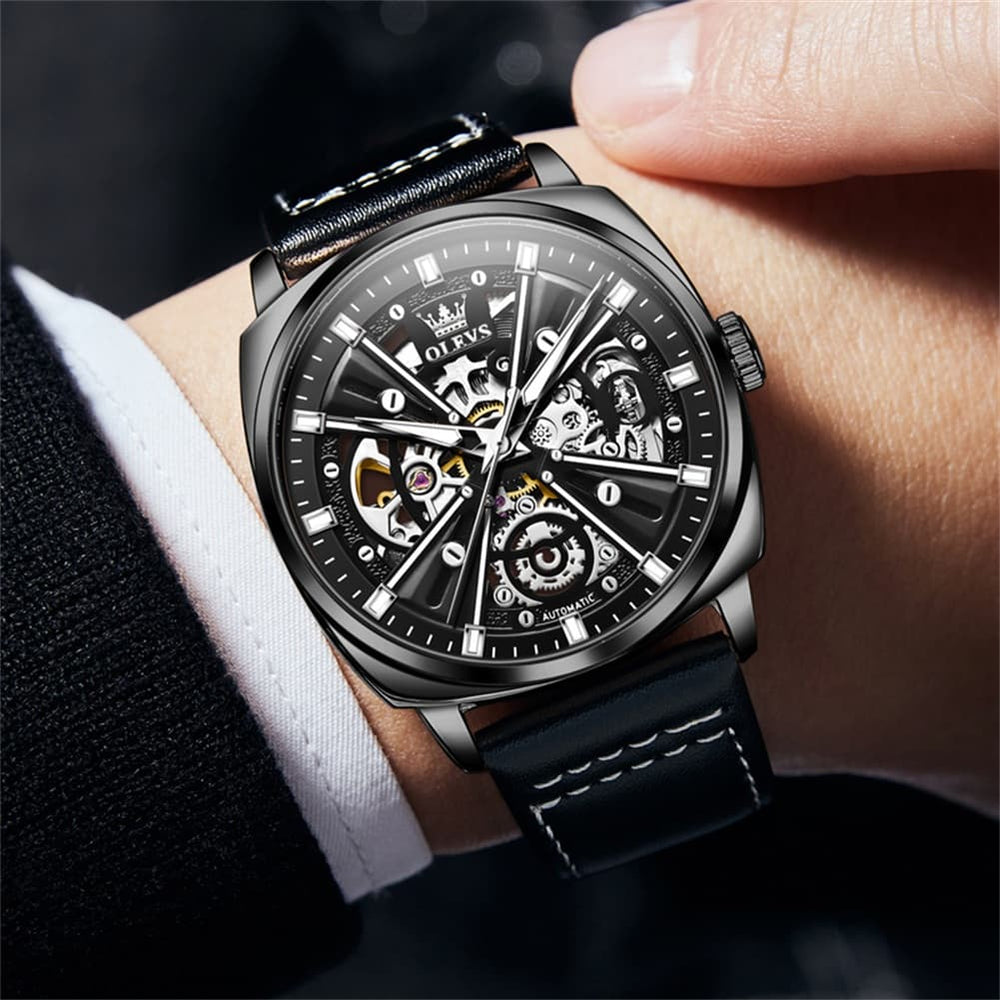 OLEVS 6685 Mechanical Skeleton Leather Watch for Men - Pitch Dark Watch | Olevs Watch Store