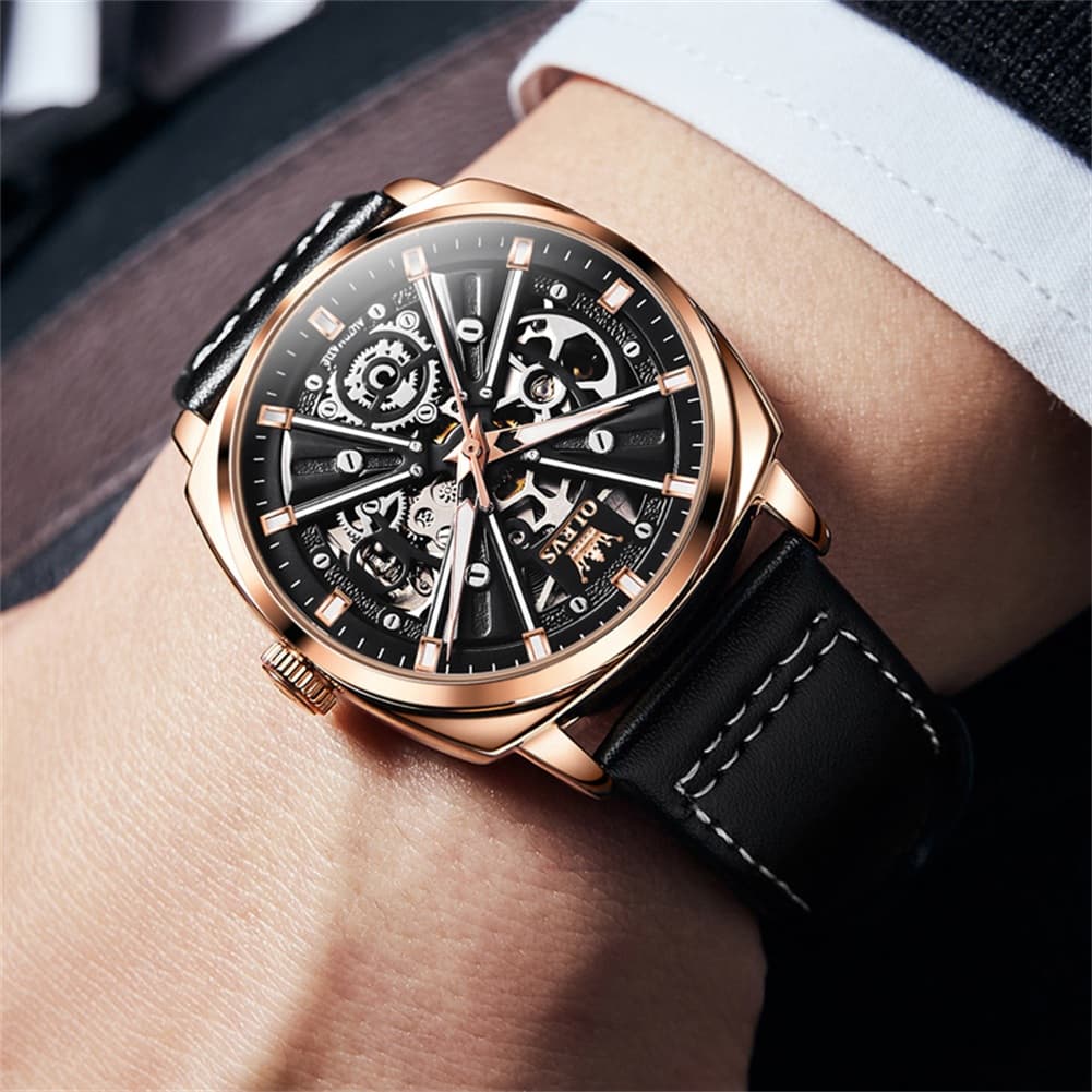 OLEVS 6685 Mechanical Skeleton Leather Watch for Men - Pitch Dark Watch | Olevs Watch Store