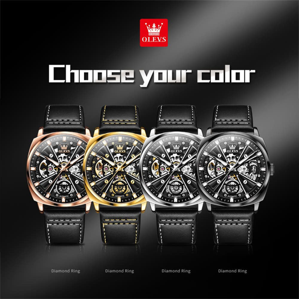 OLEVS 6685 Mechanical Skeleton Leather Watch for Men - Pitch Dark Watch | Olevs Watch Store