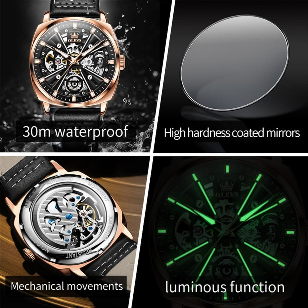 OLEVS 6685 Mechanical Skeleton Leather Watch for Men - Pitch Dark Watch | Olevs Watch Store