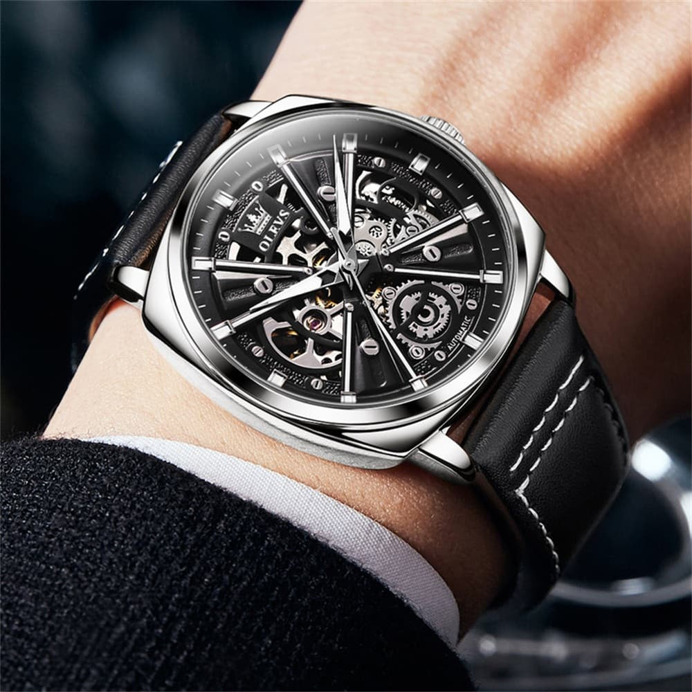 OLEVS 6685 Mechanical Skeleton Leather Watch for Men - Pitch Dark Watch | Olevs Watch Store