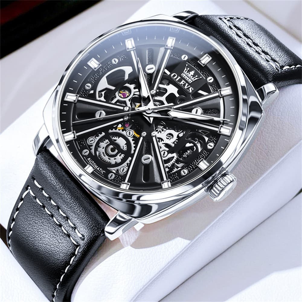 OLEVS 6685 Mechanical Skeleton Leather Watch for Men - Pitch Dark Watch | Olevs Watch Store