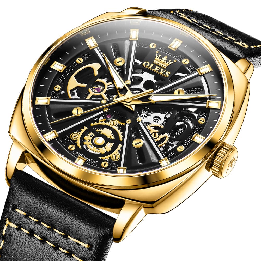 OLEVS 6685 Mechanical Skeleton Leather Watch for Men - Pitch Dark Watch | Olevs Watch Store