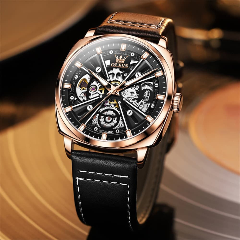 OLEVS 6685 Mechanical Skeleton Leather Watch for Men - Pitch Dark Watch | Olevs Watch Store