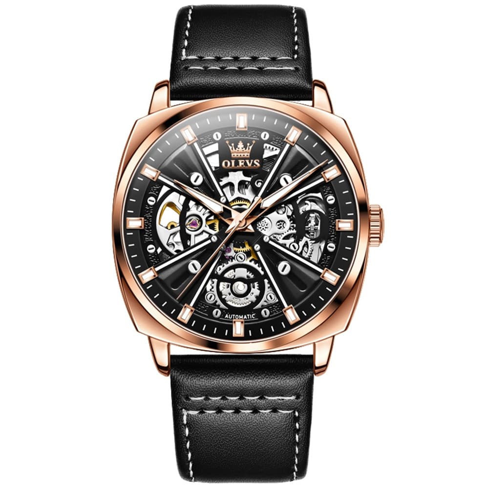 OLEVS 6685 Mechanical Skeleton Leather Watch for Men - Rose Gold Watch | Olevs Watch Store