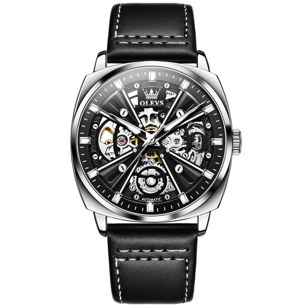 OLEVS 6685 Mechanical Skeleton Leather Watch for Men - Space Silver Watch | Olevs Watch Store