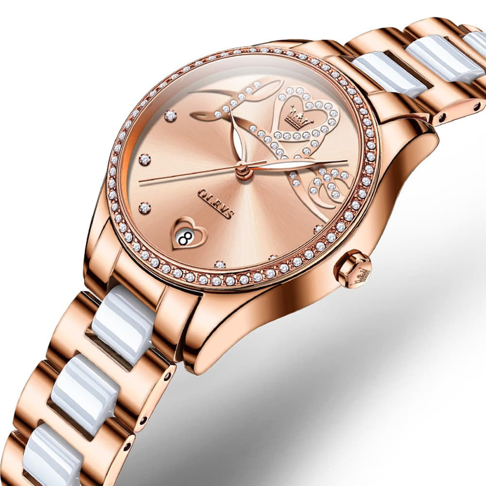 OLEVS 6686 Romantic Love Dial Ceramic Mechanical Watch for Women - Rose Gold Watch | Olevs Watch Store